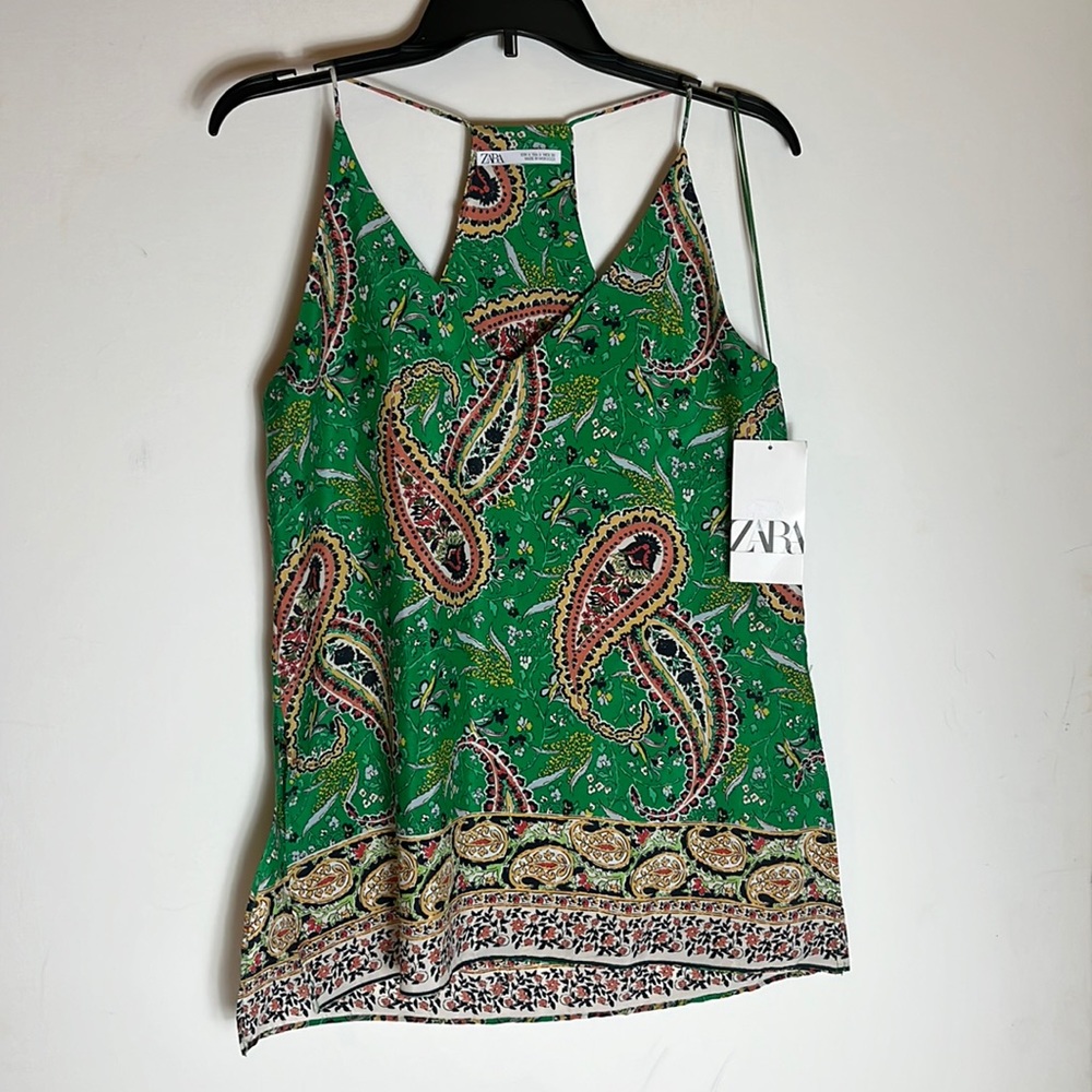 Zara Paisley Green Camisole Racer Back Blouse Size S New With Tags